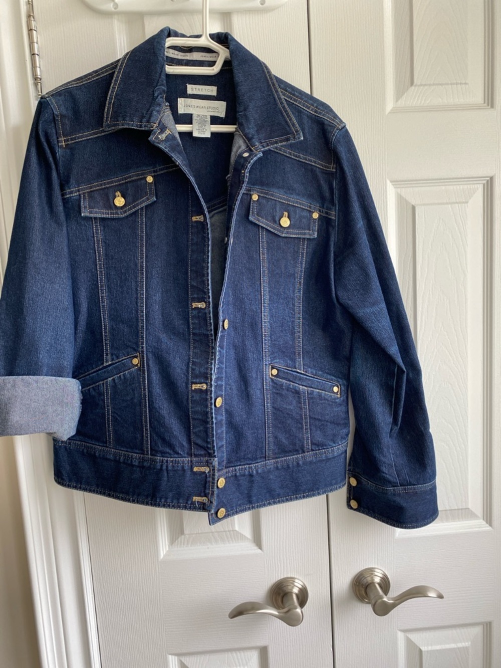 Jones New York Indigo Blue Stretch Denim Jacket with Gold-Tone Accents